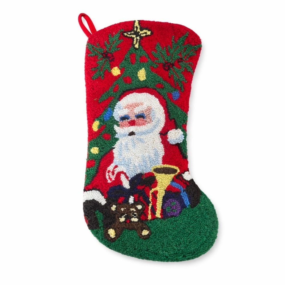 Vintage Needlepoint Christmas Holiday 17" Stocking Santa Red Tree Toys HollyStar